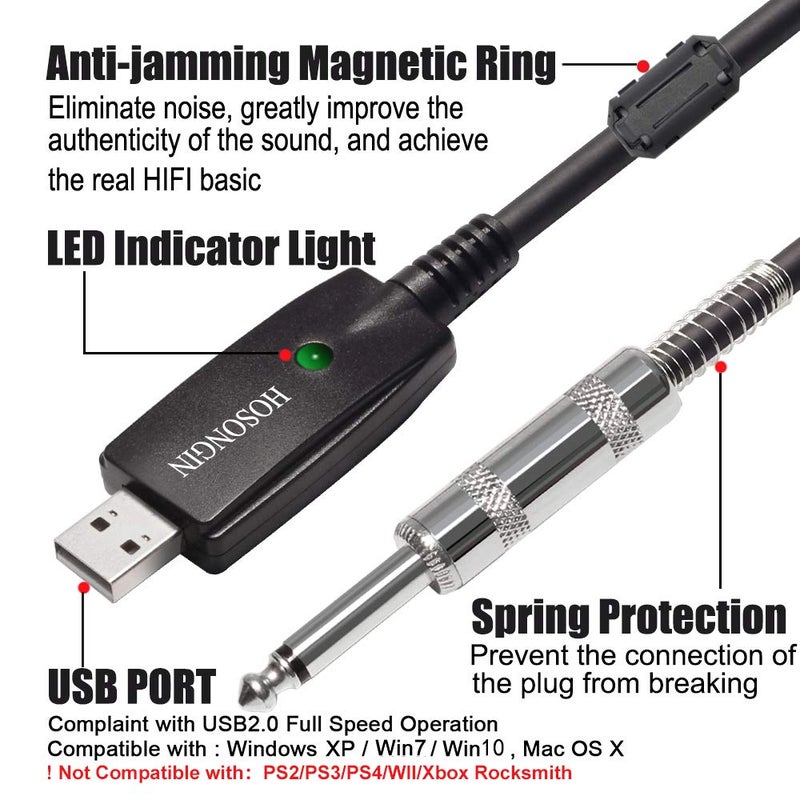 HOSONGIN كابل جيتار USB من هوسونجين - واجهة USB ذكر إلى 6.35 مم 1/4" TS مونو كابل محول جيتار كهربائي (10 قدم، أسود) - Image 3